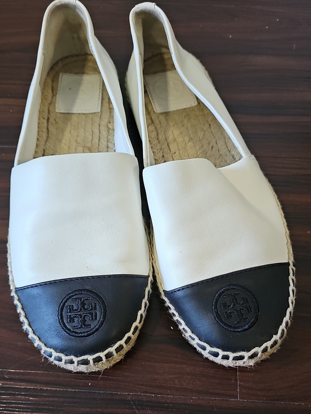 Tory Burch White Leather Espadrille Flats with Black Toe Caps